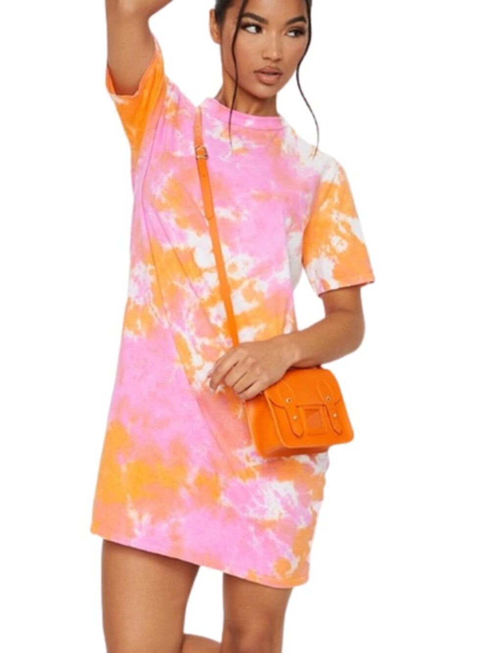 ✨Like New✨ PrettyLittleThing Orange Tie Dye T-Shirt Dress, Size 2 - Picture 5 of 6